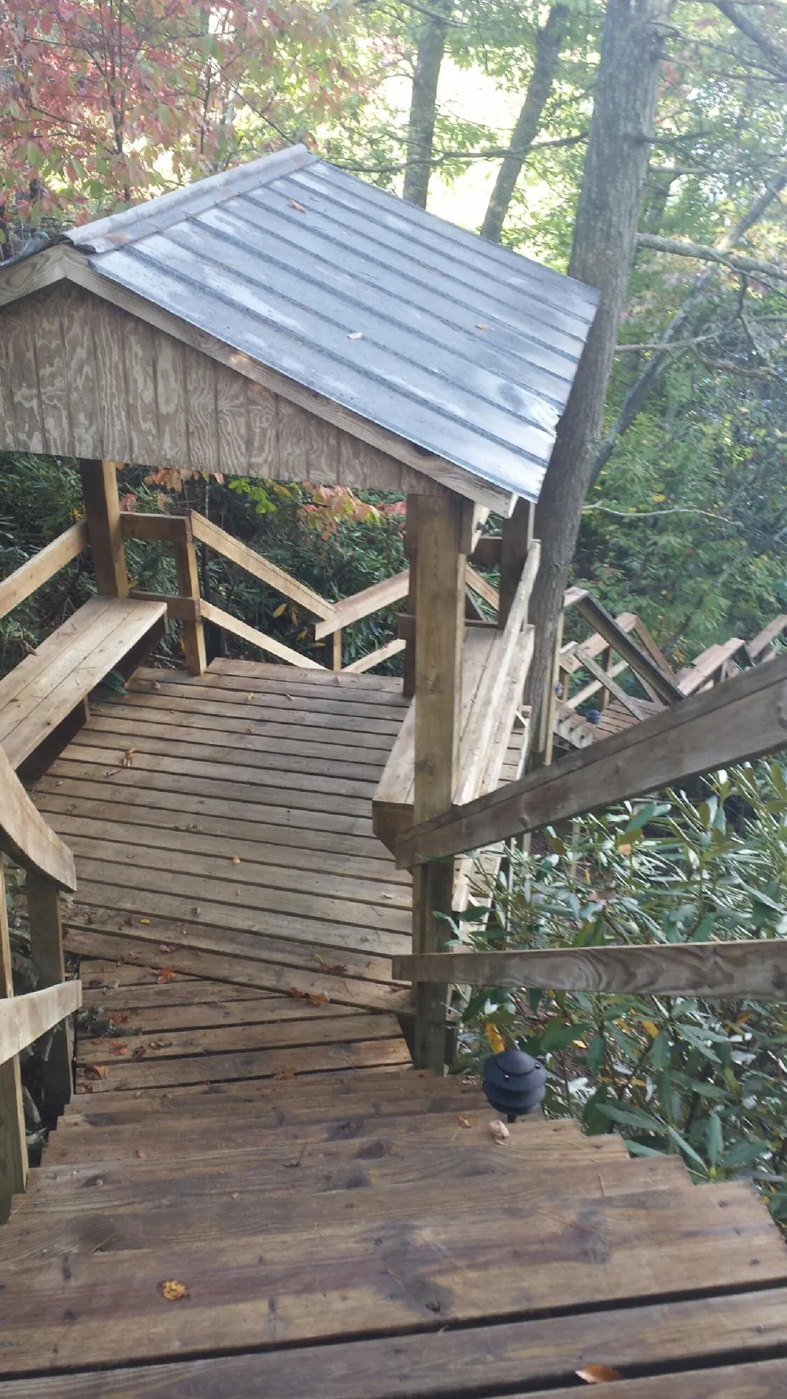 Metal roofed shelter over wooden steps on a wooded walkway — Skylight Repair & Installation work by our crew in Corrigan